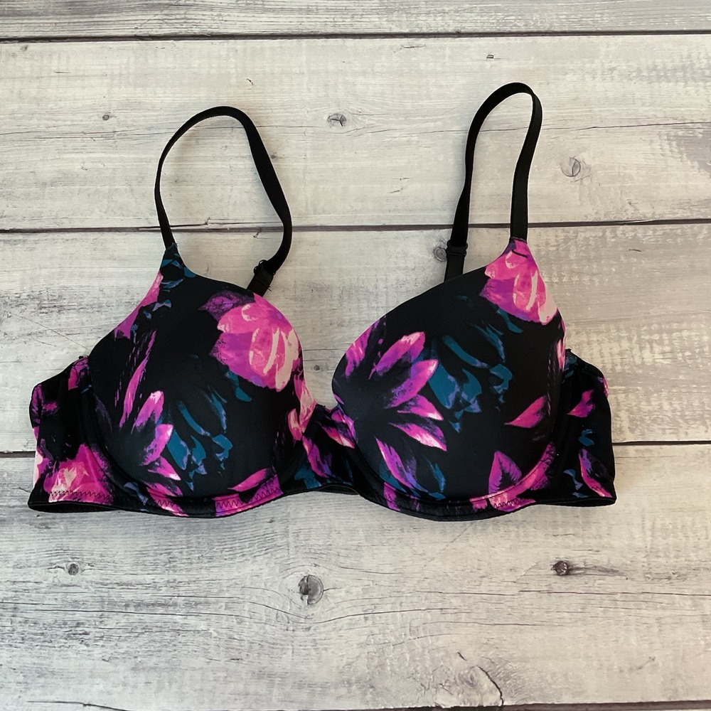 VS Pink Wear‎ Everywhere Bra 36B Black Floral Lightly Lined T-Shirt Underwire